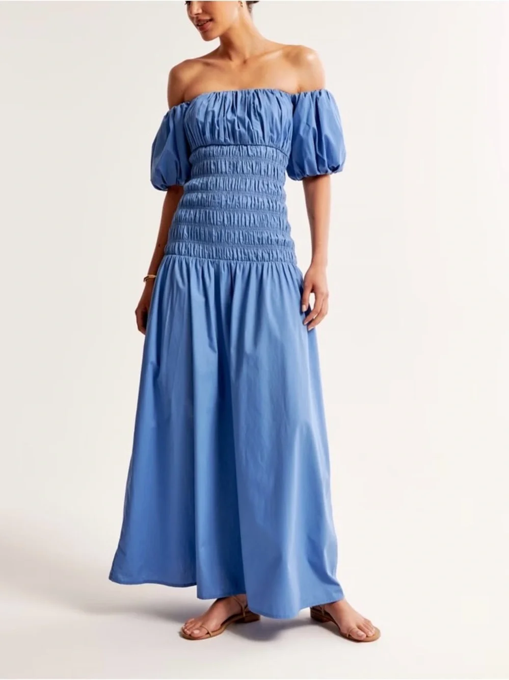 Abercrombie Cornflower Blue Off Shoulder Smocked Maxi Dress Cottagecore M